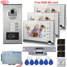 Apartment 7” Video Intercom With Recording Free 8GB SD Card 3 Monitors RFID Access Door Camera For 3 House+Electric Strike Lock
