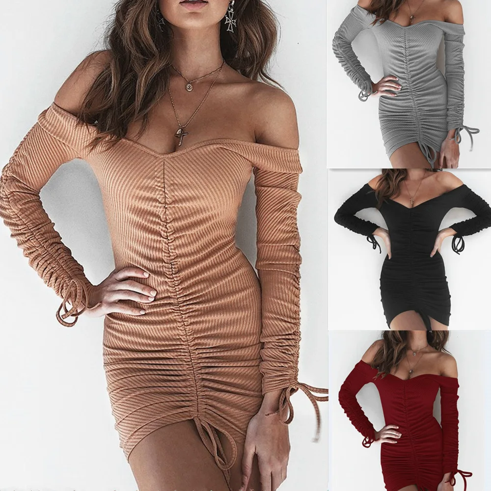

Spring women's sexy bandage V-neck bag hip long sleeve dress mini slim fit pleated casual off shoulder short dress women 2019