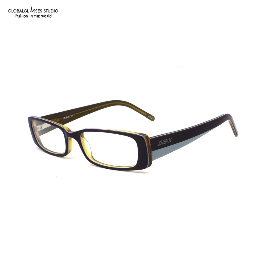 

Rectangular clear lens Acetate Eyeglasses Men Black on Crystal Yellow Frame Gray Temple Multi Color Patchwork Glasses 1003-C3