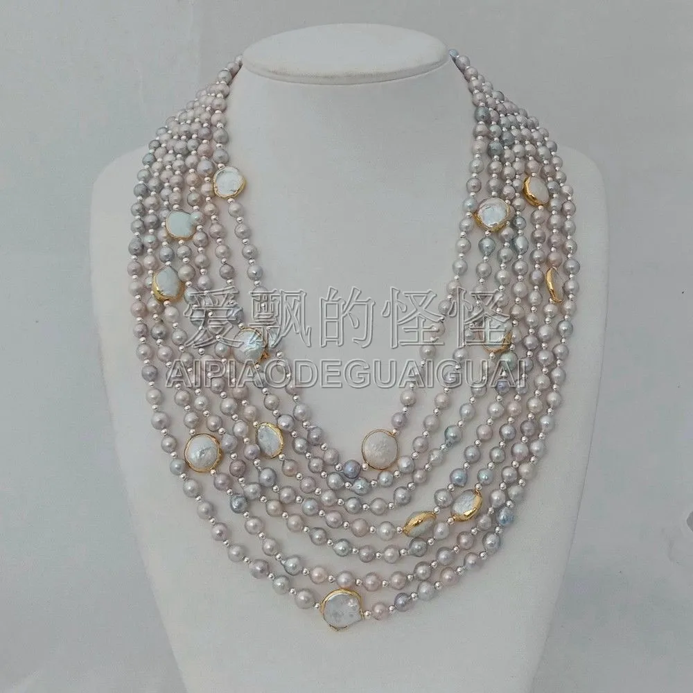 

N051107 21" 7 Strands Gray Pearl Golden Plated White Coin Pearl Necklace