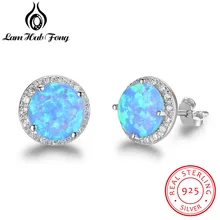 100 925 Sterling Silver Push Back Stud Earring Round Luxury Blue Opal Stud Earring For Women