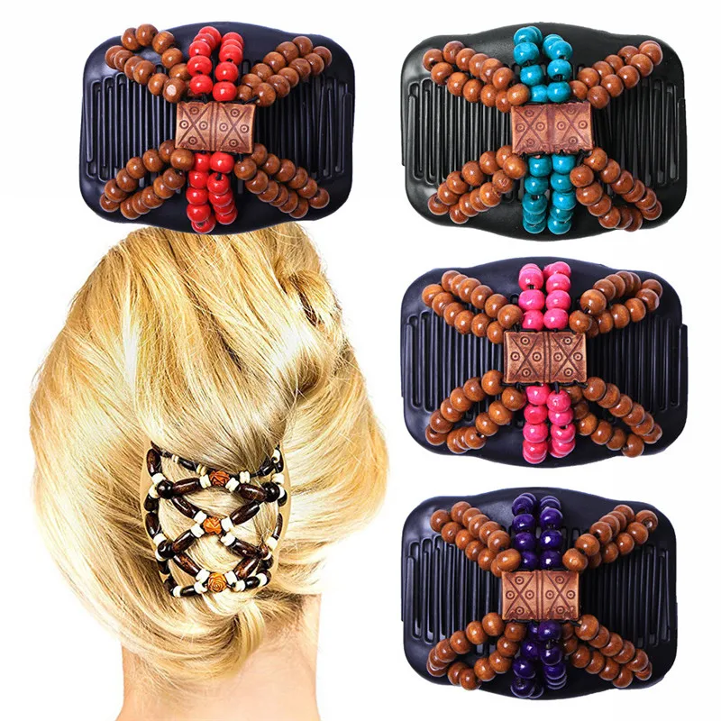 HAICAR Hair Comb Wood for Women Magic Double Clips Wood+Beads Acrylic Retro Vintage Hair Comb Hair Slide gift AA# dropship