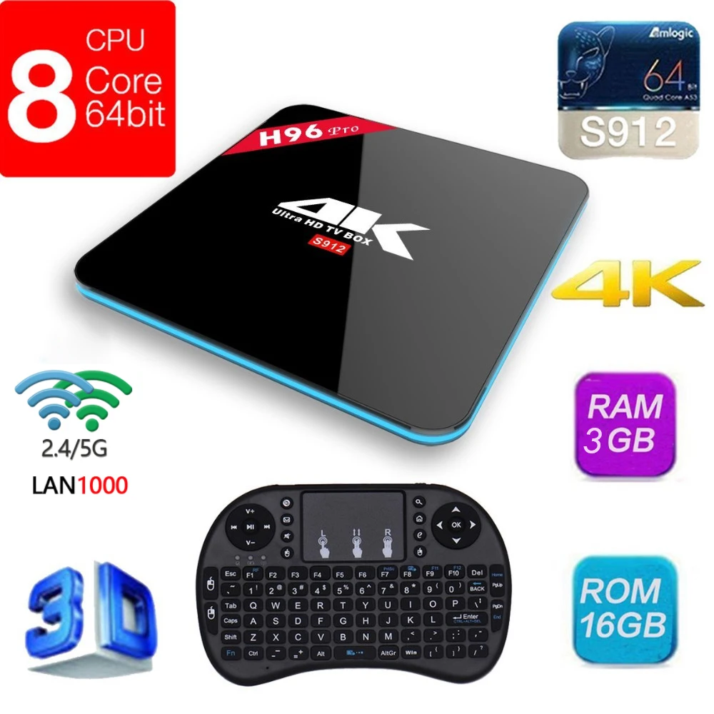 

H96 Pro Android Tv Box 3GB 16GB Amlogic S912 Octa Core Android 7.1 2.4G/5GHz Wifi HD2.0 4K HDR 1000M LAN BT4.0 Box TV