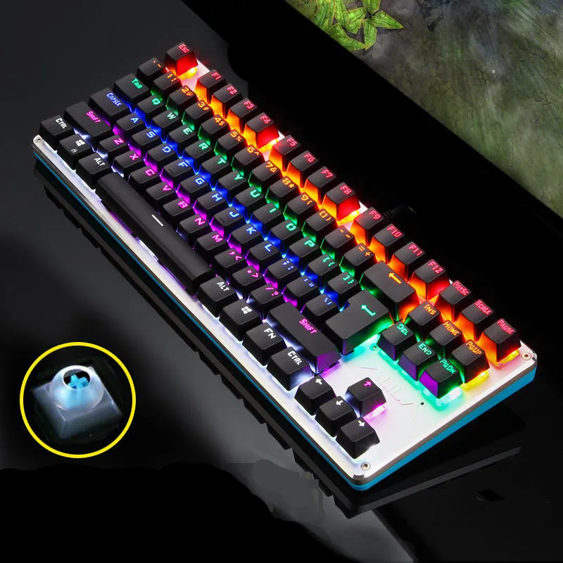 AULA механическая клавиатура, синий переключатель, игровая подсветка, настольный компьютер, игровая Проводная клавиатура, 87/104 клавиш, добавляющая пыль, русская наклейка - Цвет: 87 RGB black