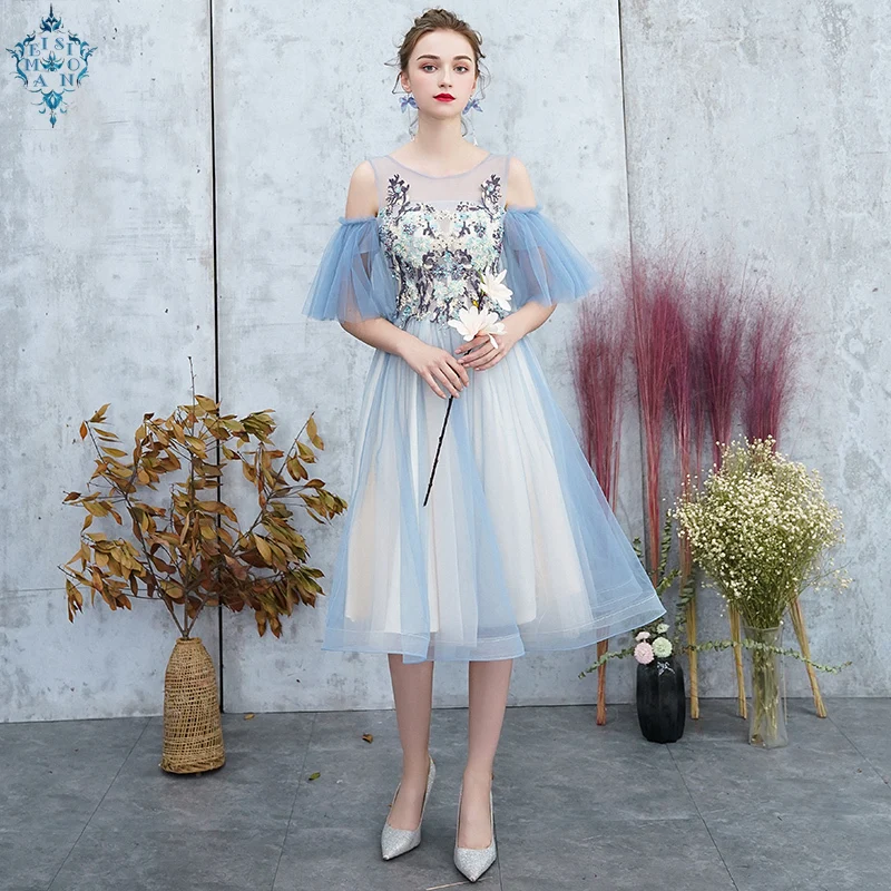 

Ameision 2019 New Strapless Middle Evening Dresses Multi Style Lace Appliques Tulle Sleeveless Party Dresses For Wedding