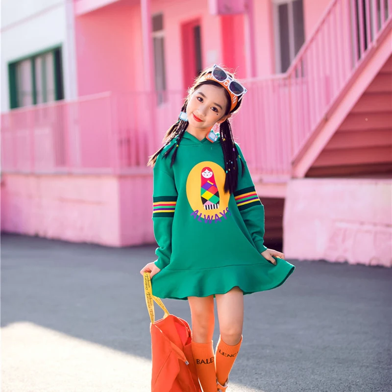 

2019 New Fashion Spring Green Baby Doll Dress Long Sleeve Hooded Short Dress Cute Cool Clothes for Baby Girls Street Style