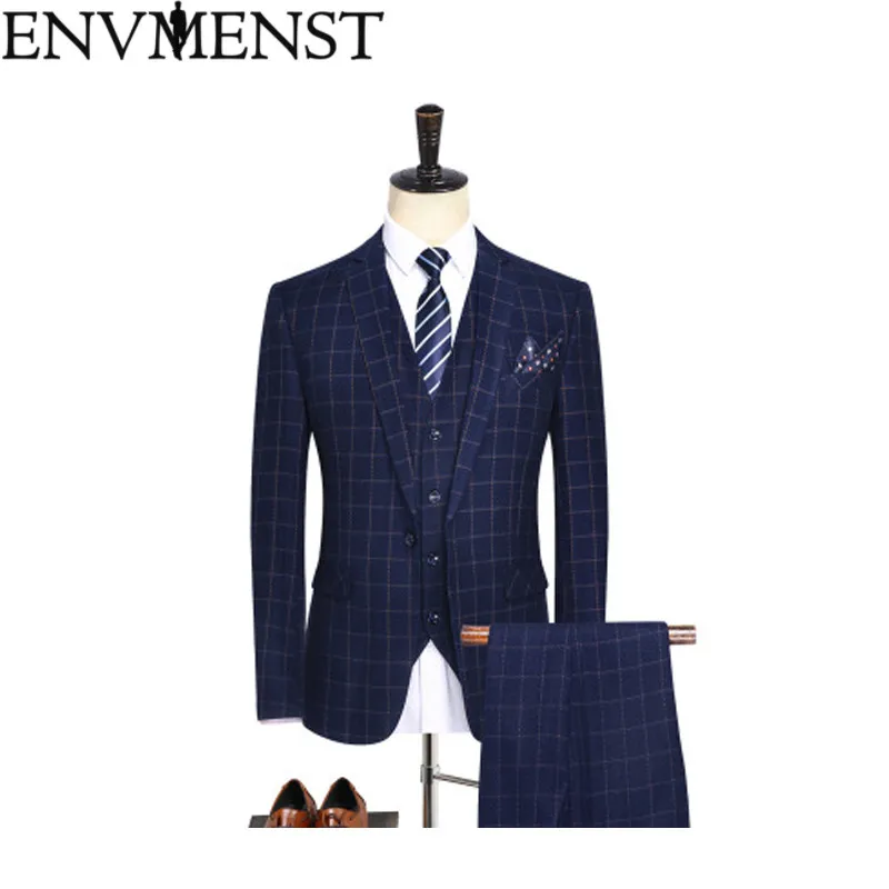 

2018 Envmenst Brand Men's Stripe Suit Set Blazer+Vest+Pants Groom Tuxedos High Quality Pocket Designer Man Wedding Suit Set