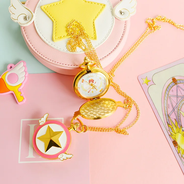 

Anime Card Captor Sakura Action Figure Printed Metal Lovely Star Wings Children Fashion Mini Flip Pocket Watches Chain Pendant