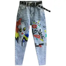 Весенне-осенняя мода, джинсы с узором для женщин с высокой талией свободное до щиколотки штаны-шаровары Большие размеры 26-30