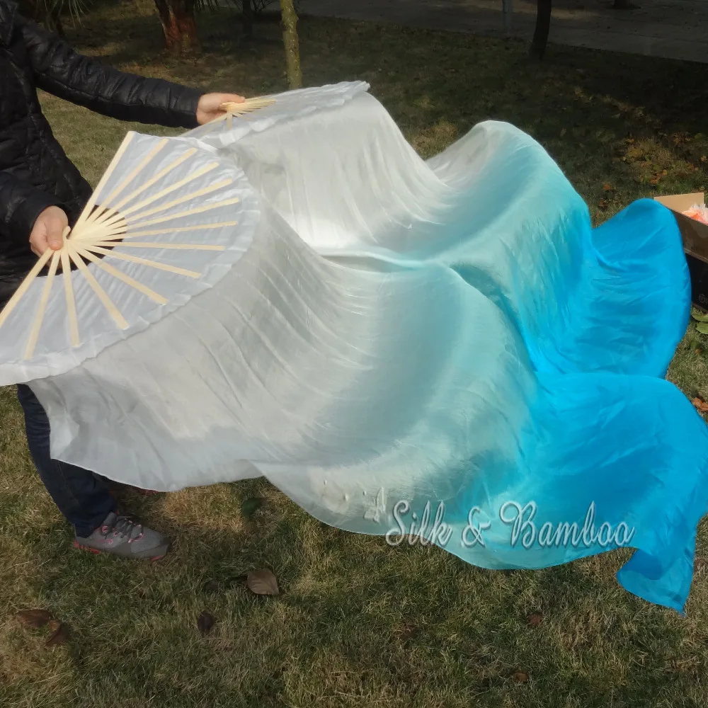 

white gradient to turquoise, (1pc right+1 pc left) 1.5m*0.9m(59"*35") hand painted belly dance silk fan veil, real flowy silk