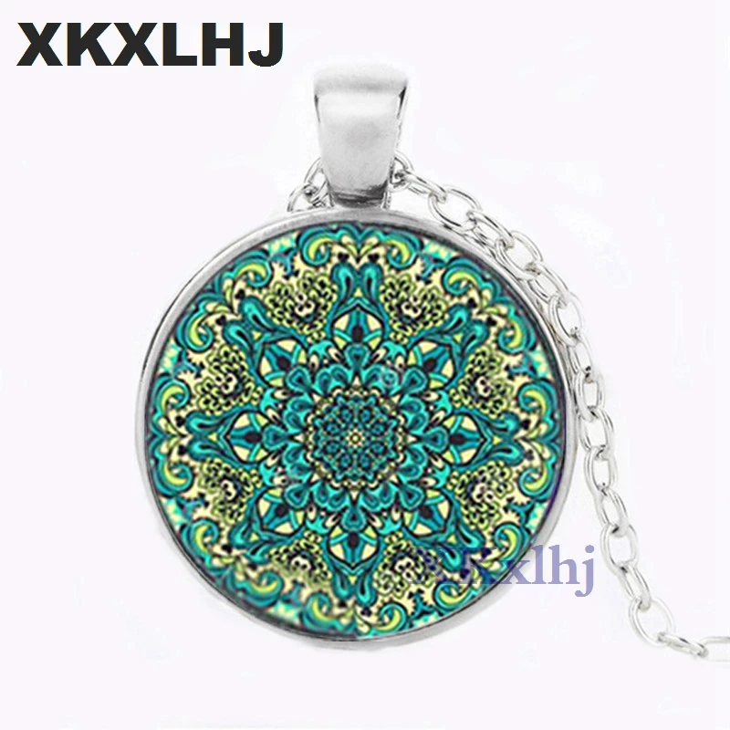 

XKXLHJ New Buddhism Zen Henna Yoga Necklace Glass Convex Round Mandala Lotus Pendant Necklace Om Symbol Jewelry