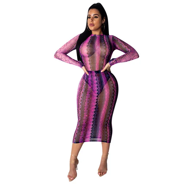 

Sexy Sheer Bandage Bodycon Dress Long Sleeve mesh gauze transparent leopard snake skin print mid-calf length midi dress