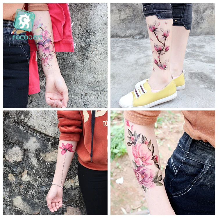 Rocooart черный Фламинго татуировка цветок тату Роза поддельные татуировки Орхидея Лотос тату боди-арт водонепроницаемые временные татуировки наклейки