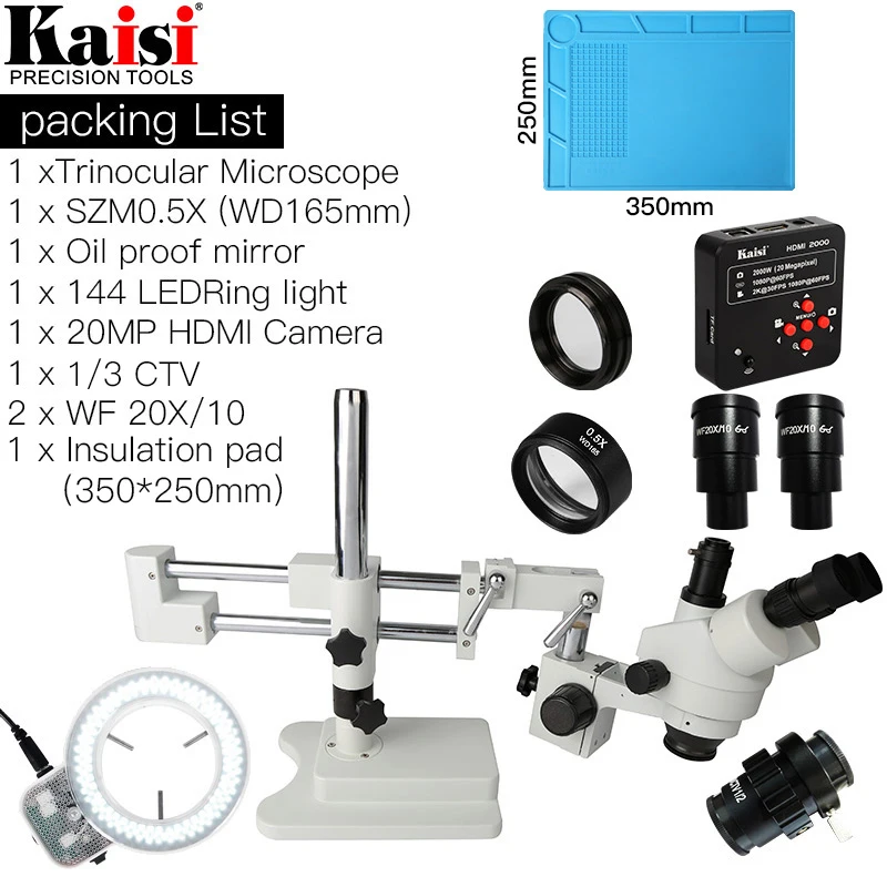 

3.5X-90X Double Boom Stand Trinocular Stereo Microscope 20MP HDMI 1920x1080 Camera 144pc Ring Light SZM0.5X Objective lense