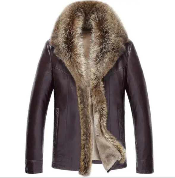 Мужская зимняя куртка из натуральной кожи с воротником из натурального меха енота, Теплая мужская куртка из овечьей шерсти, Высококачественная EMS