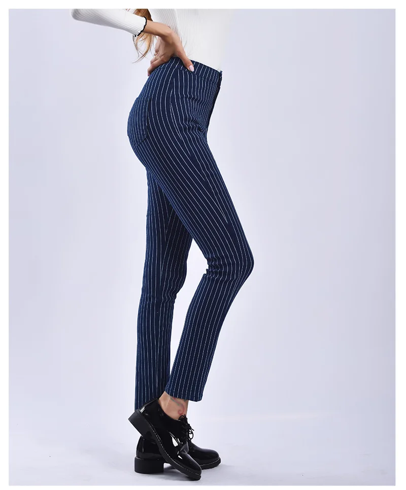 2019 Spring Stripe High Waist Jean Women Blue Elasticity Skinny Denim Pant Office Lady England Vaqueros Mujer Fashionnova Woman