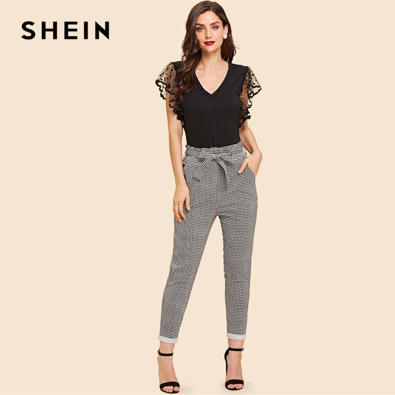 SHEIN винтажная Однотонная футболка в черный горошек с контрастным сетчатым рукавом и v-образным вырезом, женская летняя элегантная Однотонная футболка с коротким рукавом, топы