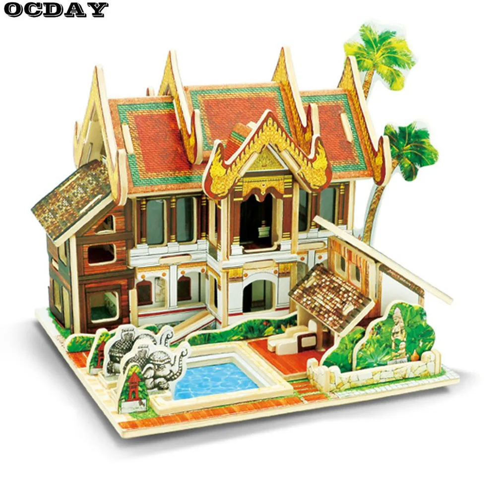 Kids 3D Wooden House Funny Puzzle DIY Toys Tridimensional Cabins