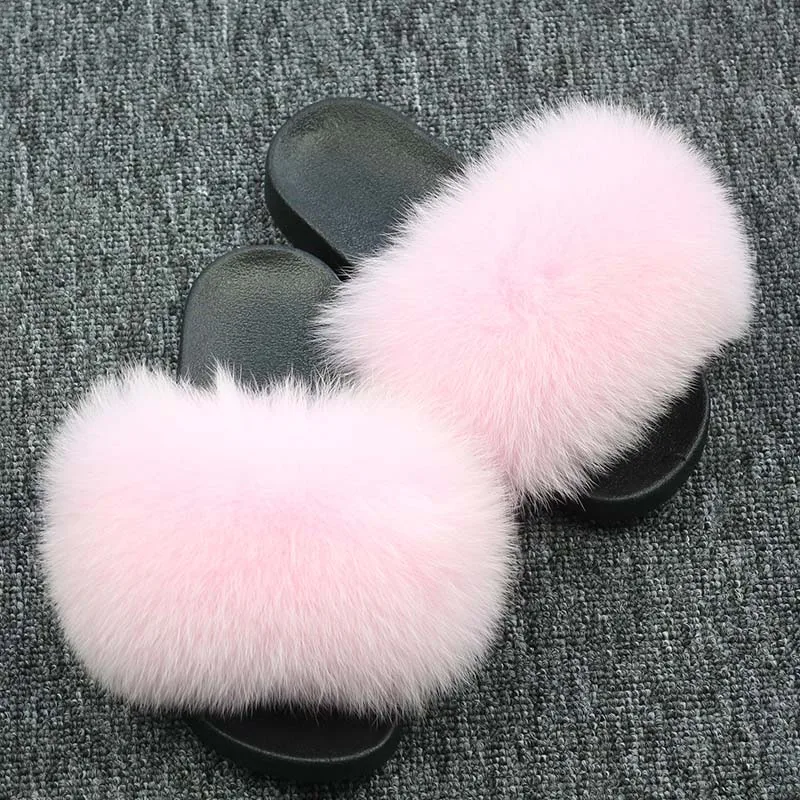 Детские тапочки для девочек с натуральным лисьим мехом; детские меховые домашние пушистые ползунки; Сезон Зима; плюшевый мохнатый; Летняя обувь на плоской подошве; милая обувь для маленьких девочек; размеры - Цвет: pink a