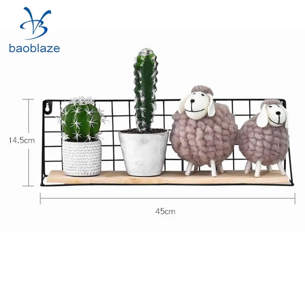 Iron Wall Hanging Storage Organizer with Pine Wood Board Plants Holder for Bedroom, Living Room, Bathroom, Kitchen, Office