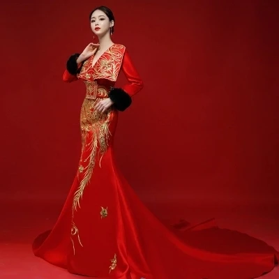 

Hot Luxury Red With Golden Embroidery Mermaid Dress Cosplay Stage Performance Carnival Studio Party Show Red Carpet Dress