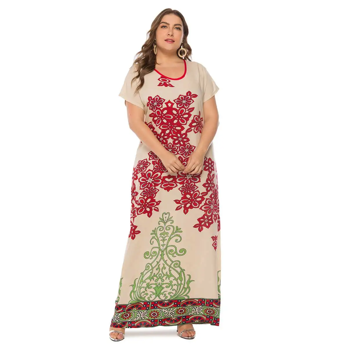 

2019 Summer Maxi Dress Floral Print Loose plus Size Bohemian women muslim abaya short sleeve islamic arab dressing gown VKDR1578