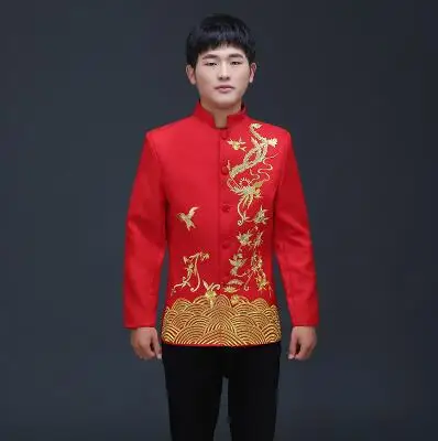 Men's clothing chinese style wedding Top the groom dragon gown evening Red Top slim red tang suit chinese tunic