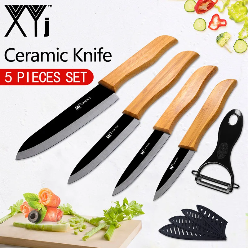 XYj набор кухонных ножей с бамбуковой ручкой, набор керамических ножей с черно-белым лезвием, кухонные инструменты, аксессуары " 4" " 6" дюймов+ Чехлы - Цвет: Черный