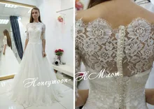 Free Shipping Grecian Style A-Line Bateau Neck Top Lace Overlay Sweep Train White Half Sleeve Wedding Dress MF405