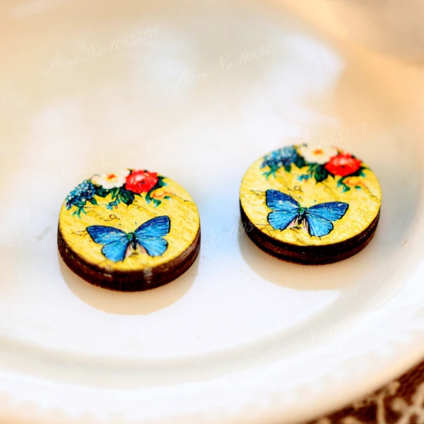 

Unique 3D Butterfly Embossed 16mm Round Coloured Drawing pattern Laser Cut wood Cabochon DIY for Rings, Earring,Brooch,Necklace