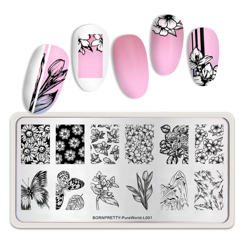 

BORN PRETTY Rectangle Nail Stamping Plates Flower Butterfly Image Painting Stamp Stencil DIY Nail Art Design Tools L001