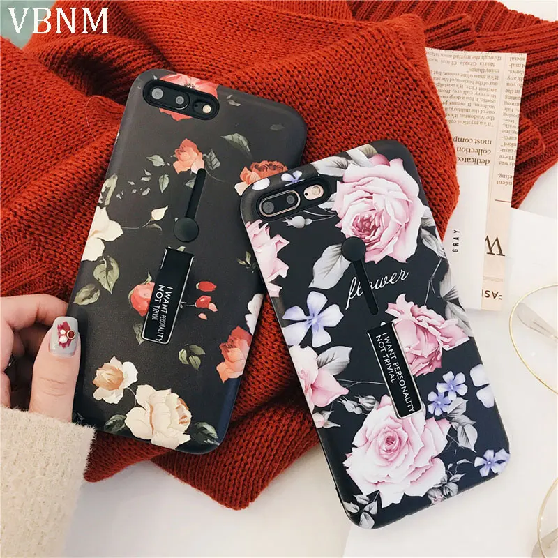 

VBNM Retro Flowers Phone Case For iPhone X XS Max XR 6s 6 7 8 Plus Cover Marble Silicon Ring Case For iPhone 7 Case Stand Holder