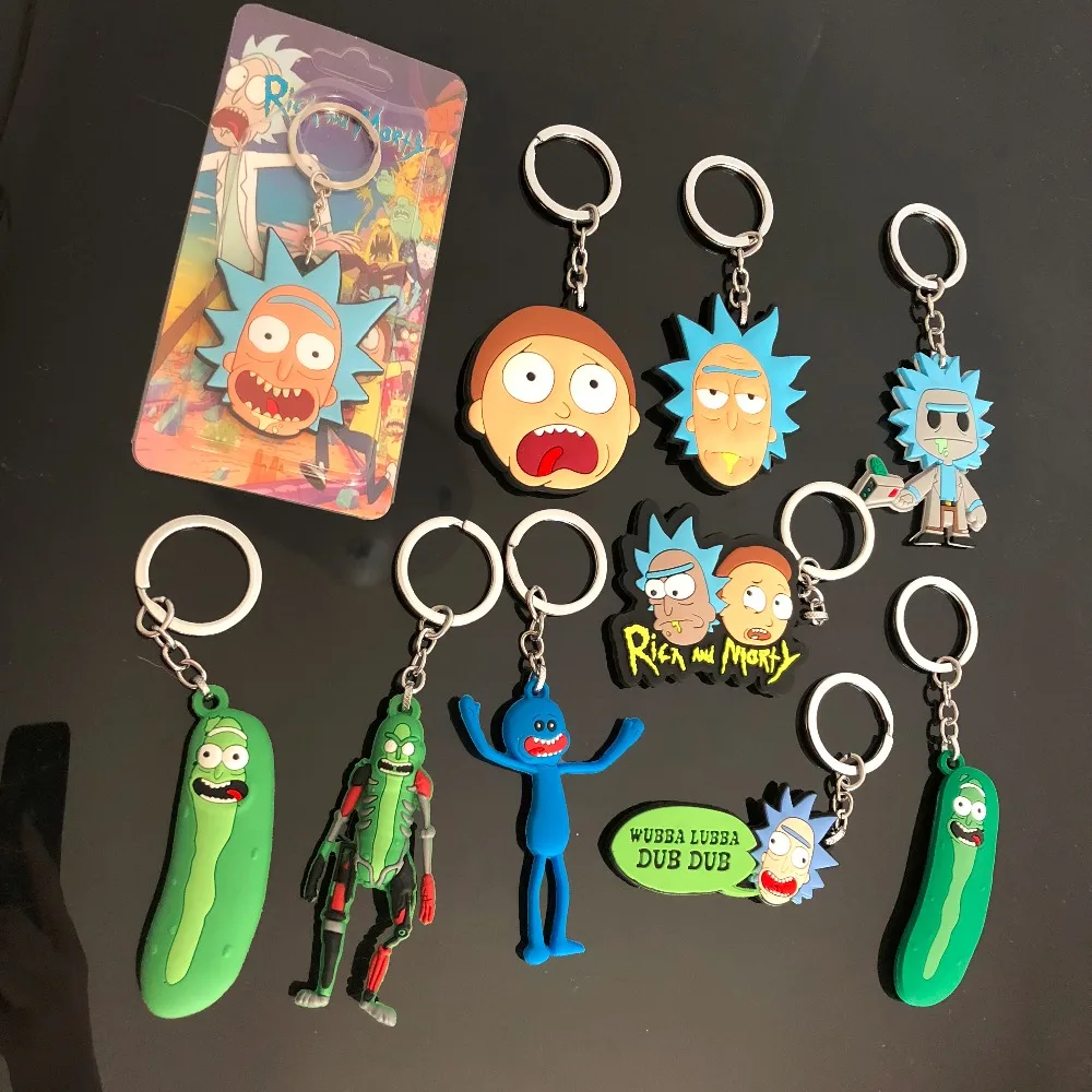 

Rick and Morty Pickle Figure Toys Keychain Happy Sad Foamy Caddy Mr Meeseeks Summer Jerry Smith PVC Dolls Bag Pendants Juguetes