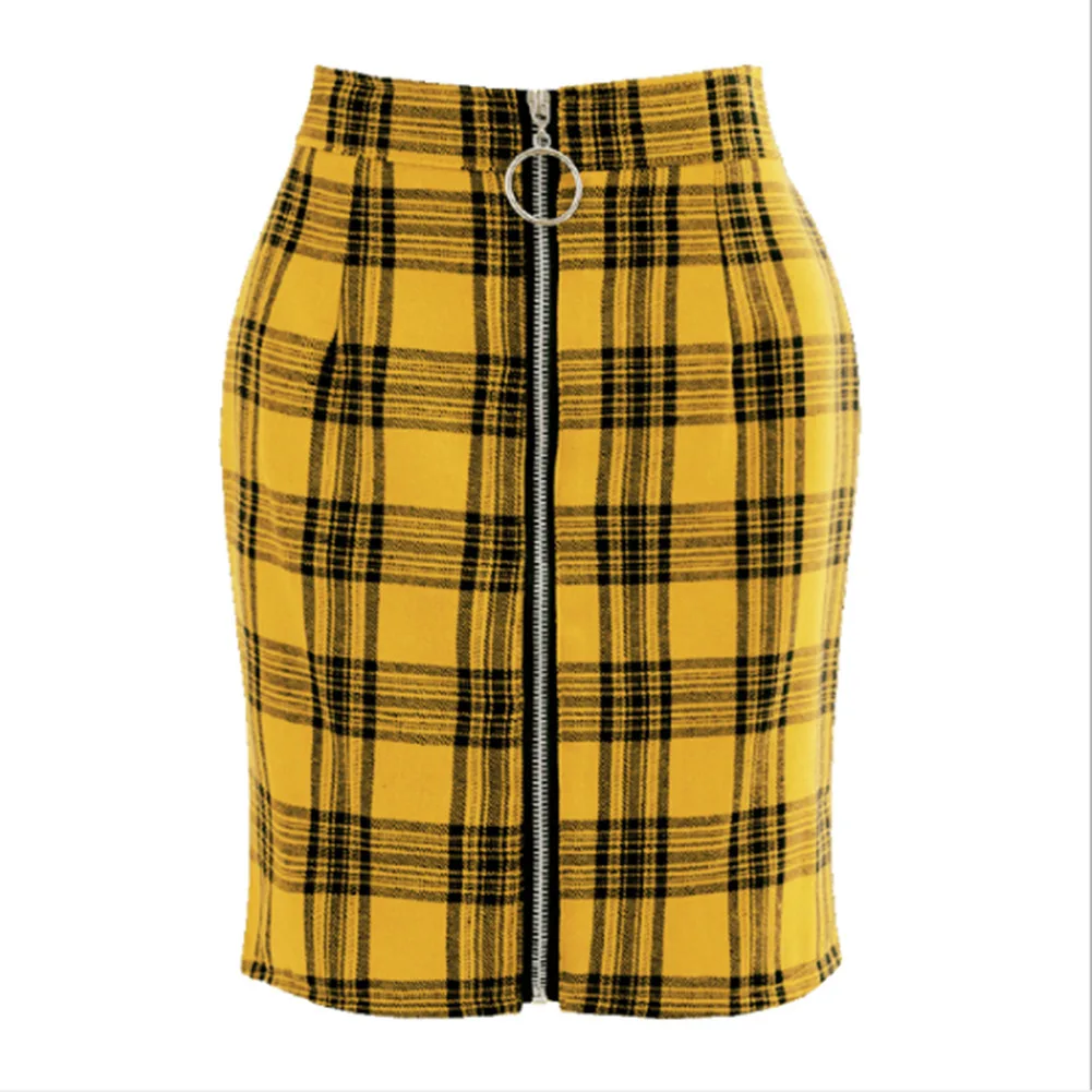 Hot Retro Women Plaid Tartan High Waist Checker Zipper Mini Skirt Lady High Waist Checked Bodycon Pencil Skirt - Цвет: Цвет: желтый
