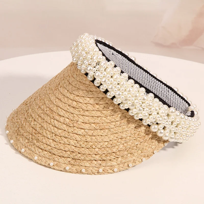 2019 العلامة التجارية اللؤلؤ حبة عقال قبعة الرافية القش قبعات لا تغطي الرأس بالكامل للبنات قبعات الشاطئ قبعة مماشية للموضة السيدات الصيف سترو ...