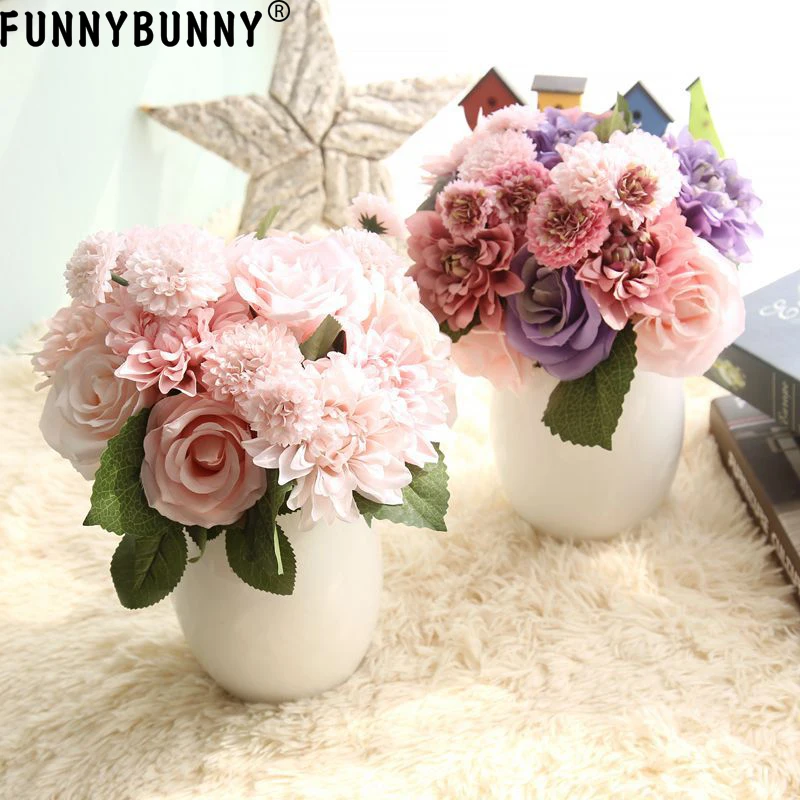 

FUNNYBUNNY Imitation Rose Bouquets Artificial Flowers Fake Flowers Wedding Home Decoration Artificial Plants Silk Flowers
