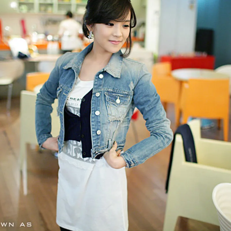 

women's slim turn-down collar coat female denim short outerwear