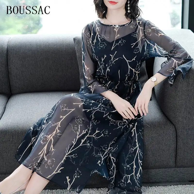 

2018 Navy Blue Thin Chiffon Print Long Sleeve Dress Spring Summer Elastic Waist Patchwork Slim Women Fashion New Hem Split