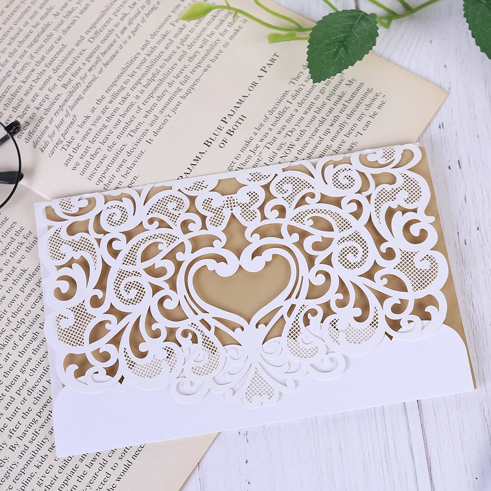  Laser Cut Wedding Invitations 100 pcs with Lace and Hollow PartternPaper Wedding Cards for Baby Bri - 33063715362