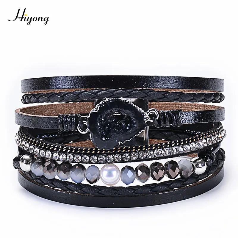 HIYONG Boho 4 цвета Многослойный кожаный браслет с кристаллами Амулет из друзы камней браслеты для женщин Магнитные браслеты ювелирные изделия - Окраска металла: Black