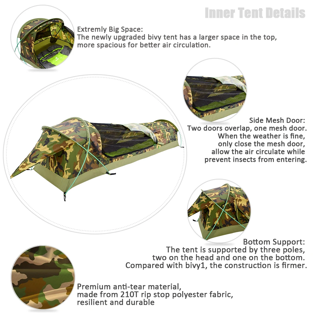 GeerTop BivyII Ultralight One Person Backpacking Tent 1 Man 3 Season Waterproof Easy Set Up Camping Bivvy for Outdoor Hiking