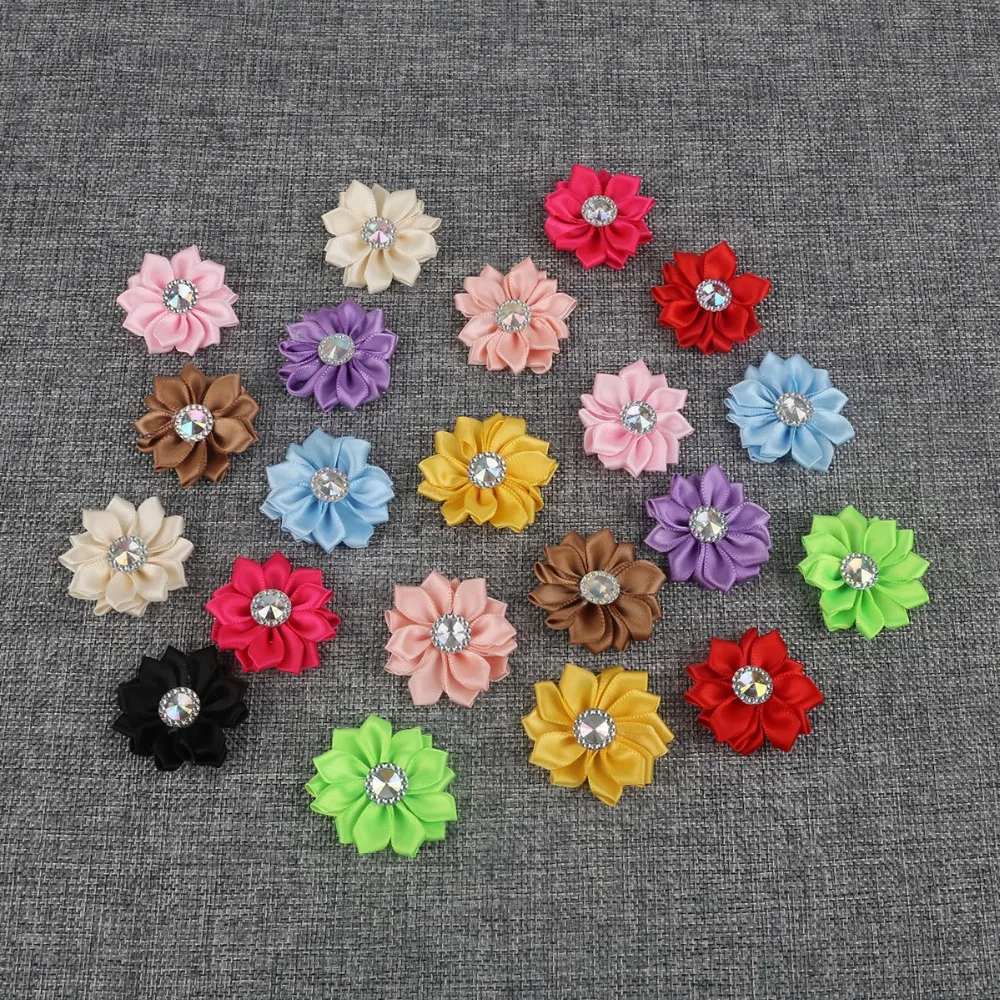 

4cm 20PCS Three-dimensional Rose Flowers With Rhinestone Patch For DIY Hair Clip Sewing Decor Homemade Cloth Fabric Accessory