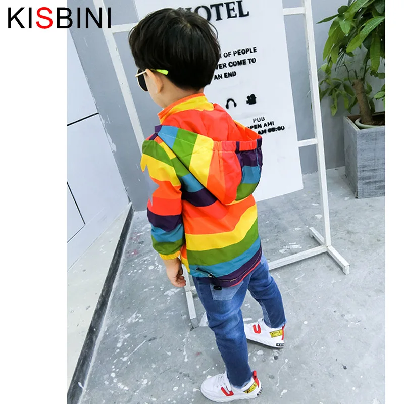 Best  KISBINI New Boys Girl Jacket Rainbow Color Striped Hooded Zipper Coats For Kids Children Baby Windb