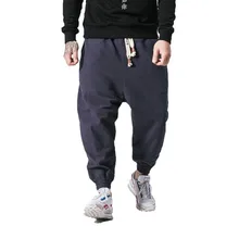 Мужские штаны из хлопка и льна, Мужские штаны-шаровары в стиле хип-хоп, Мужские штаны для бега, мужские широкие брюки, мужские Ретро спортивные штаны 5XL