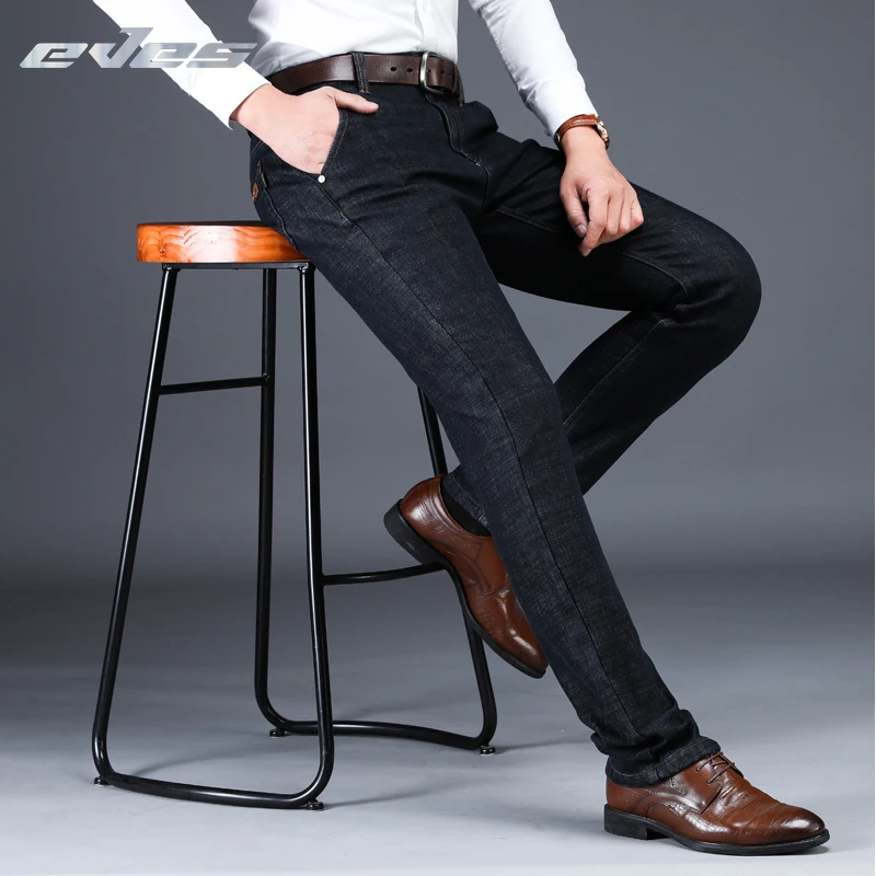 EVES Classic Fleece Business Black Jeans For Men Slim Fit Autumn Winter Spring Trousers Male Casual Thick Warm Denim Homme Pants