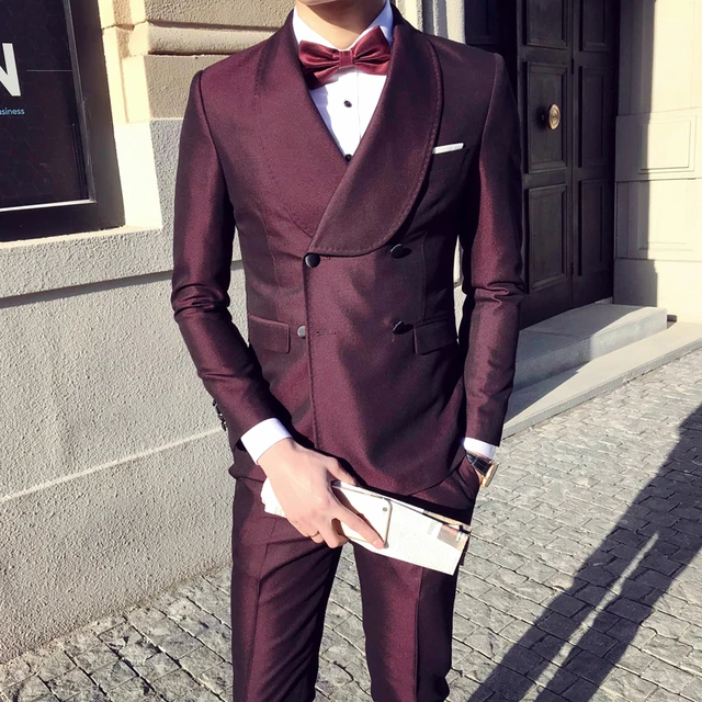 Burgundy Suits Mens Double Breasted Suits Slim Fit Blue Wedding Mens