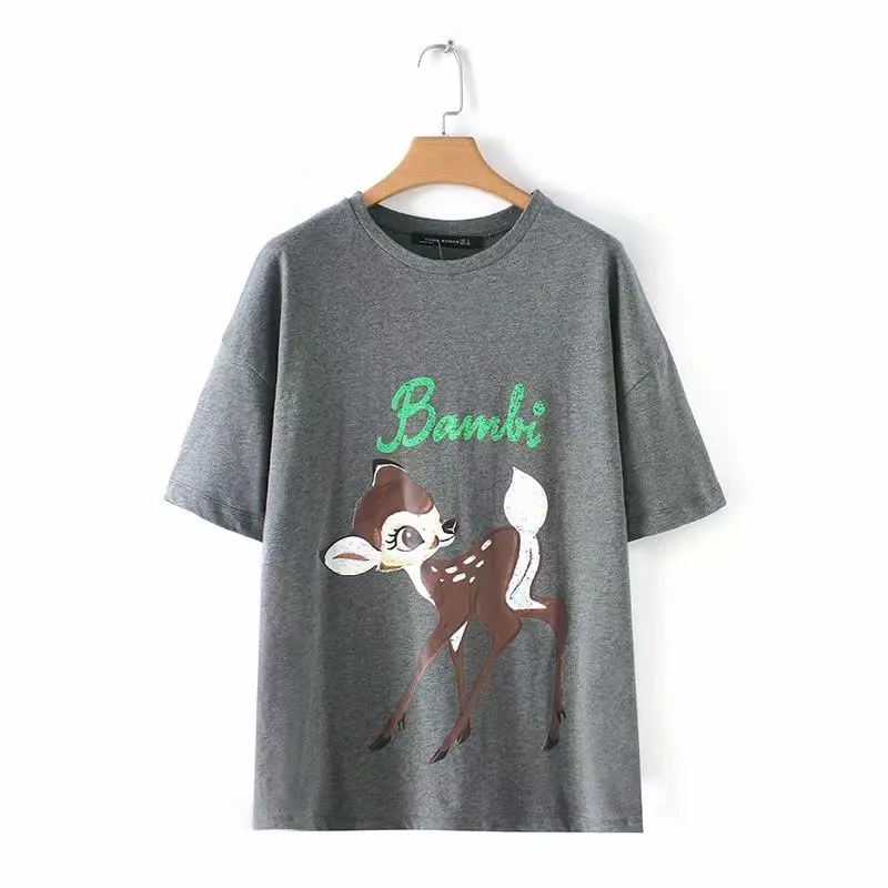 

2019 Women T Shirt Fashion Fawn print Summer Tee Lady O neck Short sleeve Letters Casual Shirt Gray Female Tops C497