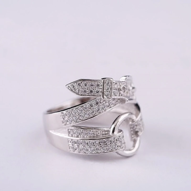 

WYEAIIR Belt Shape Zircon Exquisite Creativity Literary Sweet 925 Sterling Silver Female Resizable Opening Rings