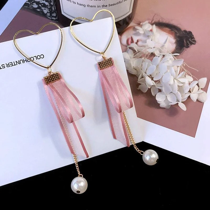 

Simulated Pearl Drop Earrings Lace Ribbon Korean Chiffon Handmade Girls Allergy White Pink Wedding Long Love Shape Soft