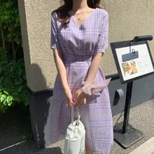 Nuevo Vestido de verano de talla grande para niñas, bohemio fiesta, Vestido Vintage para mujer, Vestido de manga corta con encaje a cuadros púrpura, Vestido de Bata para mujer